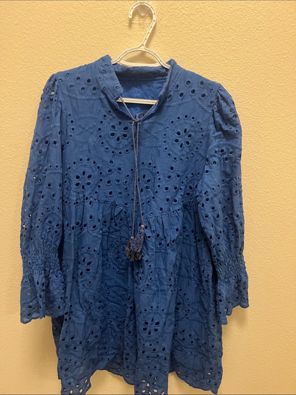 Eyelet Lace Midi Dress Sz L V Neck Puff 3/4 Sleeve boho summer lined - Picture 3 of 5
